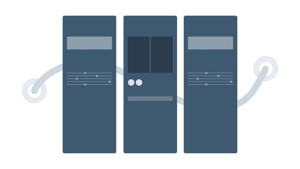 Tre servere som står ved siden av hverandre, nettside-hosting, webhotell, servere