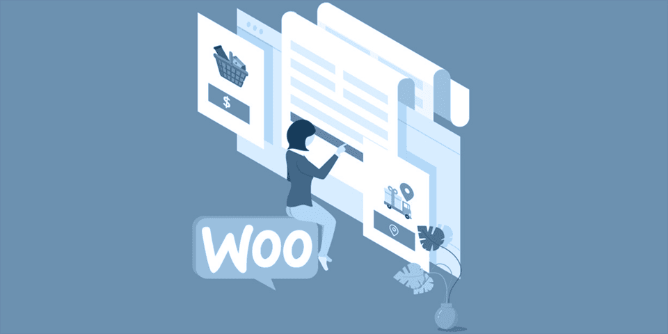 En animert kvinne som sitter på en woocommercelogo og trykker på knapper i en nettbutikk